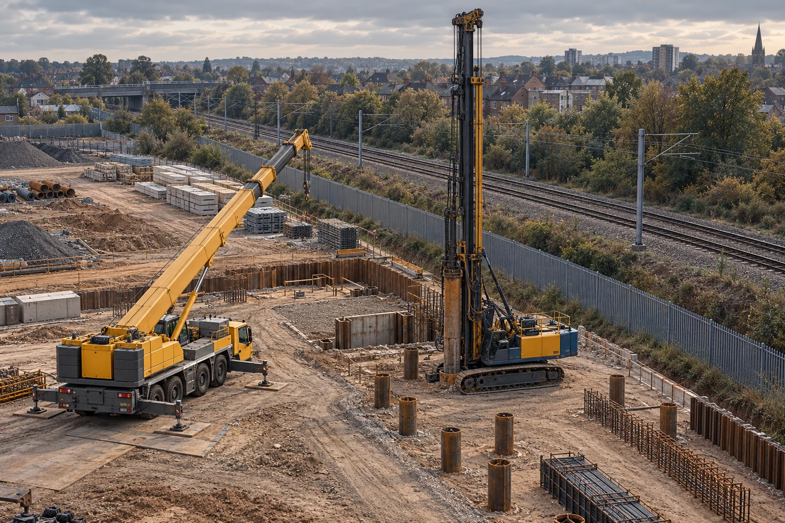 Illustrative development site with a mobile crane and piling rig beside a fenced railway corridor